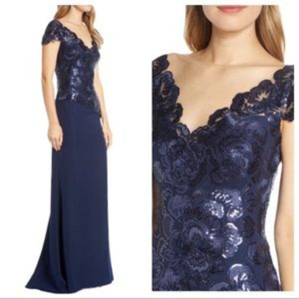 SALE!! Tadashi Shoji Alvaro embroidered lace evening gown NWT!! size 6 Navyblue